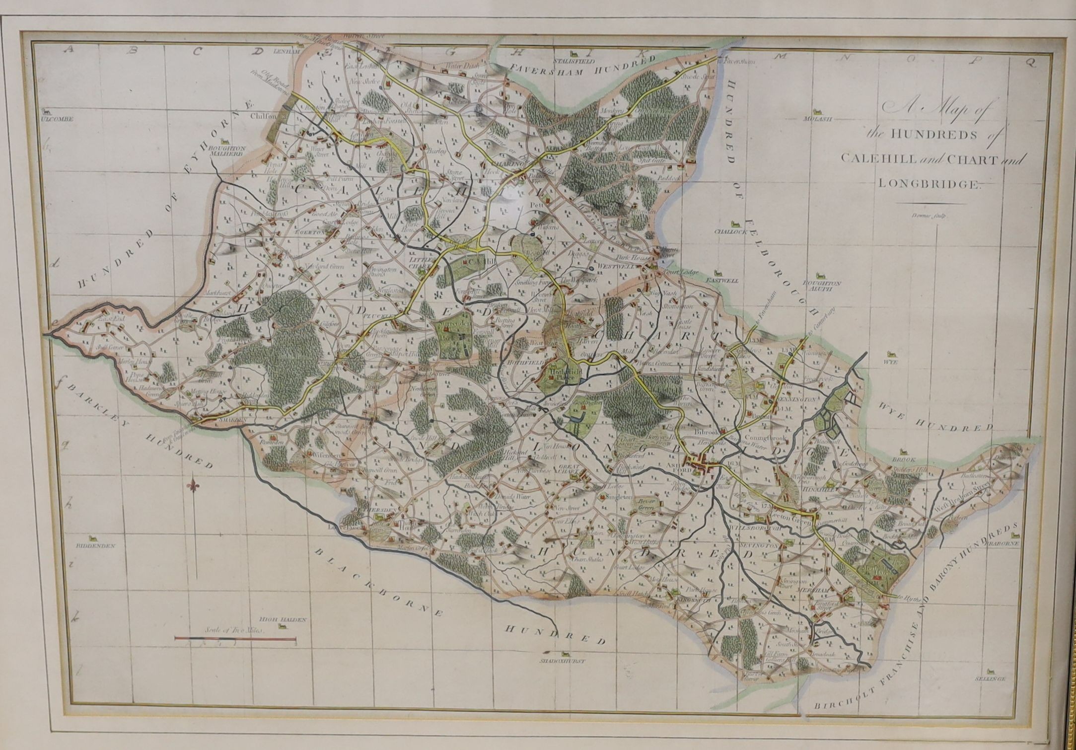 Two 19th century hand coloured steel engraved maps, The Hundreds of Tenterden, Blackborne, Oxney and Ham, and The Hundreds of Cale Hill and Chart and Longbridge, largest 46 x 38cm, with a reprinted map of Sussex